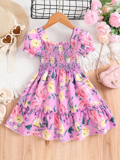 [Floral Party Dress] Floral Puff Sleeve Girls Party Dress | Shirred Ruffled Hem Kids Summer Clothes Good Vibrations