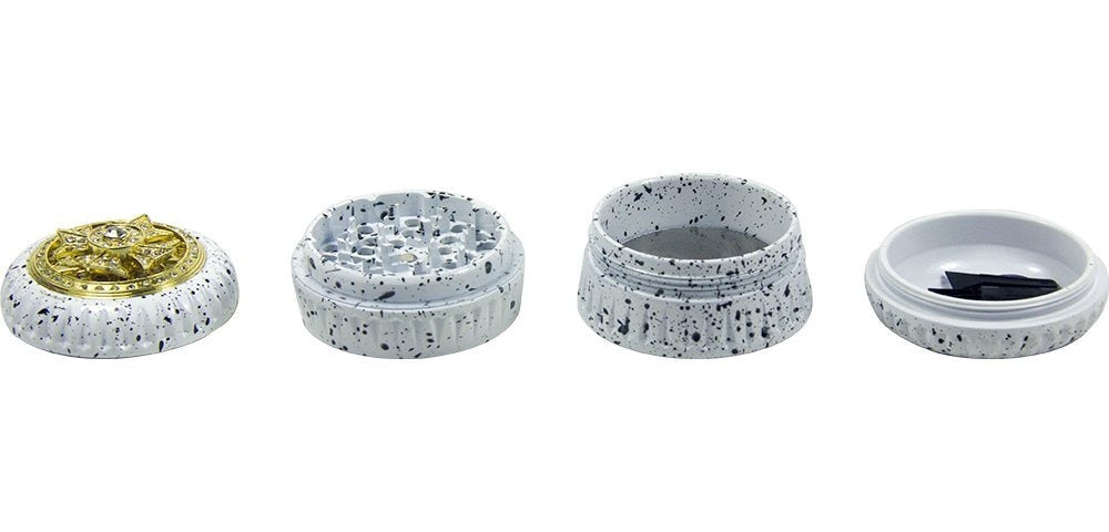 4-Layer Aluminum Herb Grinder with Built-in Fidget Spinner Top, Unique Star-Shaped Spinner Design with Embedded Rhinestones, Textured Body with Colorful Speckled Pattern for Enhanced Grip, Durable Construction and Smooth Grin Good Vibrations Adult Super Store