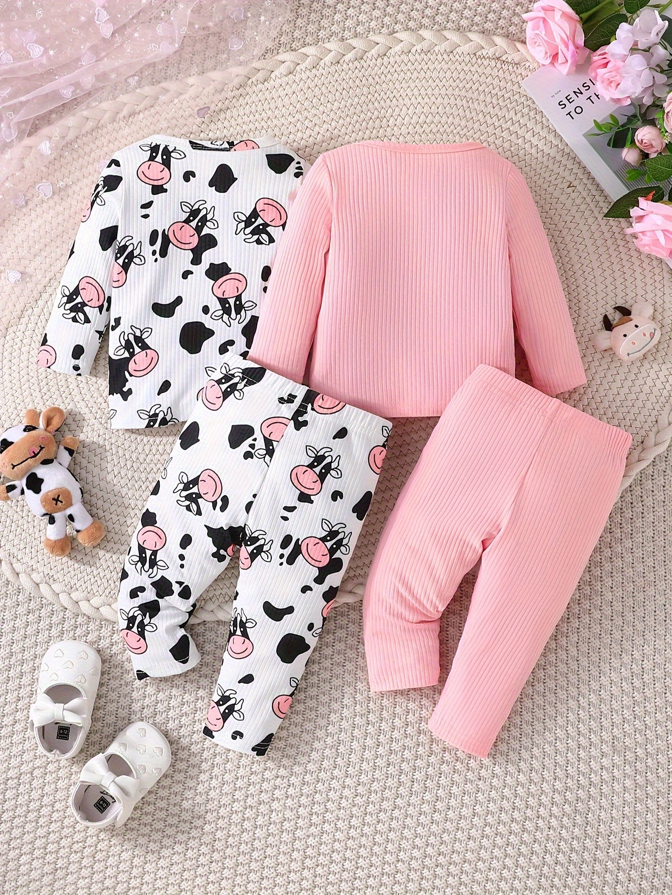 2 Sets Toddler & Infant Girl's Cartoon Cow Pattern Long Sleeve T-shirt + Casual Pants Clothing Set for Outdoor Good Vibrations
