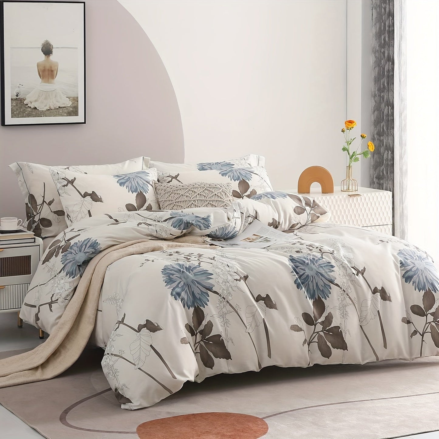 SLEEPBELLA Duvet Cover, 600 Thread Count Cotton Botanical Flowers Pattern Printed Reversible Comforter Cover Good Vibrations