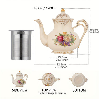 1pc Exquisite Floral Ceramic Coffee Pot - Retro Palace Style Blooming Tea Infuser, European-Inspired Afternoon Tea Set, Round Shaped, Flowers Patterned, Perfect for Home, Office, Hotel, Christmas, Thanksgiving, Valentines Day Good Vibrations