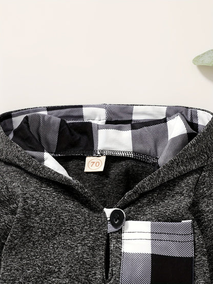 2pcs Baby's Plaid Pattern Splicing Hoodie & Casual Pants, Toddler & Infant Boy's Clothing Set For Spring Fall Good Vibrations