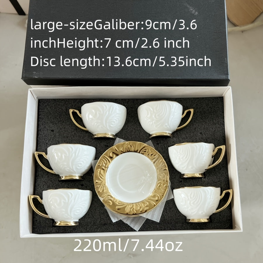 Luxurious Relief Floral Tea Set with Golden Trim: Includes 6 Cups, 6 Saucers, And 1 Large Tray - Perfect for Thanksgiving, Eid Al-Fitr, And More! Good Vibrations