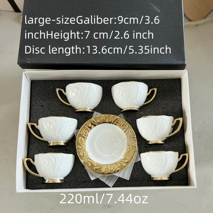 Luxurious Relief Floral Tea Set with Golden Trim: Includes 6 Cups, 6 Saucers, And 1 Large Tray - Perfect for Thanksgiving, Eid Al-Fitr, And More! Good Vibrations