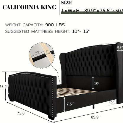 Luxurious Velvet Upholstered Platform Bed Frame with Deep Button Tufted Wingback Headboard & Nailhead Trim - No Box Spring Required, Sturdy Hardwood & High-Density Fiberboard Construction, Easy Assembly Modern Bedroom Furnitu Good Vibrations
