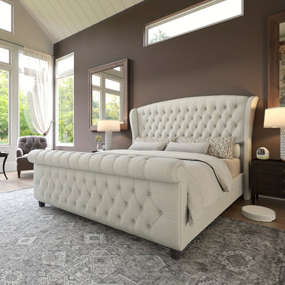Platform Bed Frame, Chenille Upholstered Sleigh Bed with Scroll Wingback Headboard & Footboard/Button Tufted/No Box Spring Required/ Good Vibrations