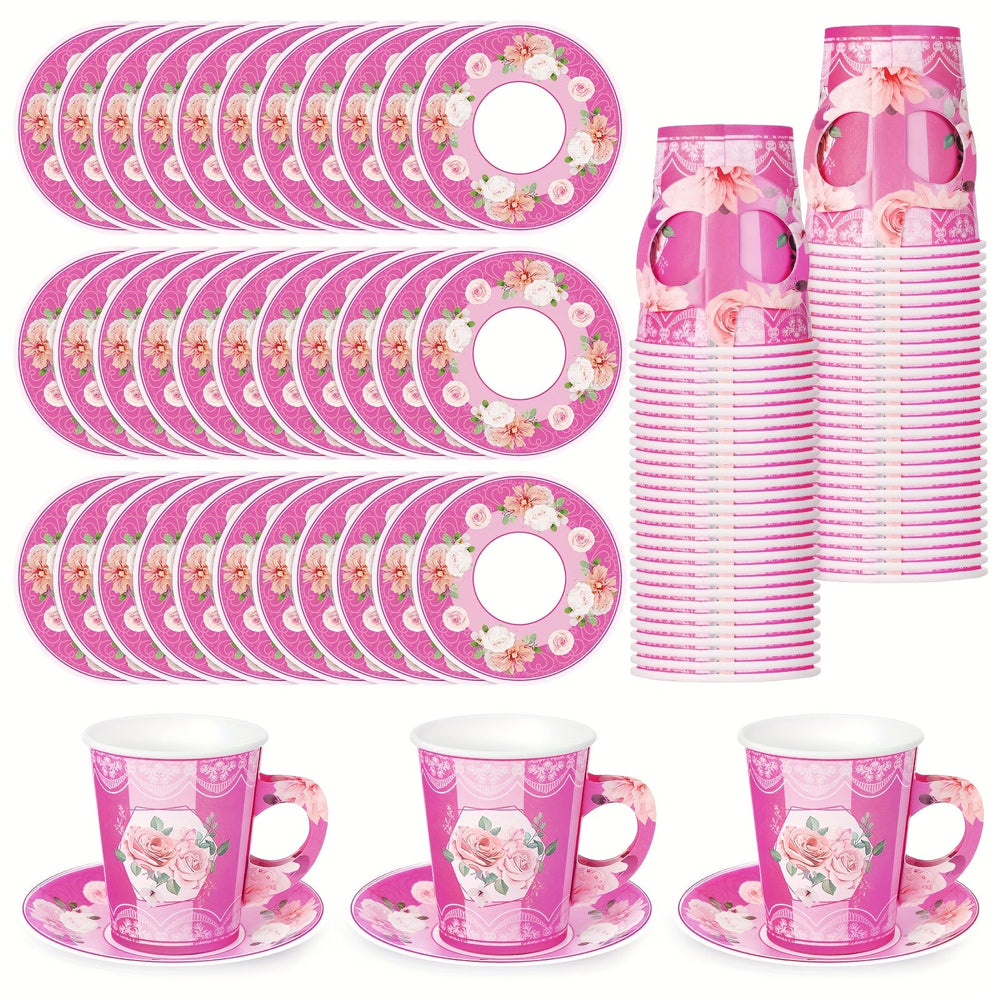 100pcs Disposable Tea Party Cup And Plates Floral Paper Teacups With Handle And Saucer Set For Birthday Princess Blossom Party Shower Decoration Good Vibrations