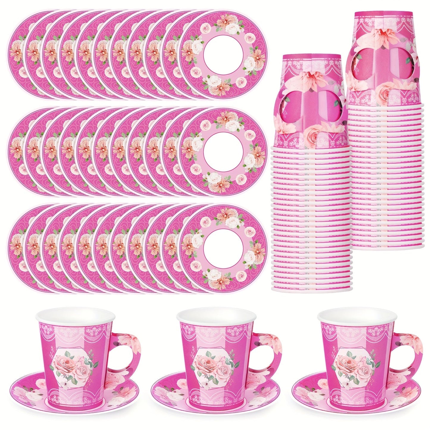 100pcs Disposable Tea Party Cup And Plates Floral Paper Teacups With Handle And Saucer Set For Wedding Birthday Princess Blossom Party Shower Decoration Good Vibrations