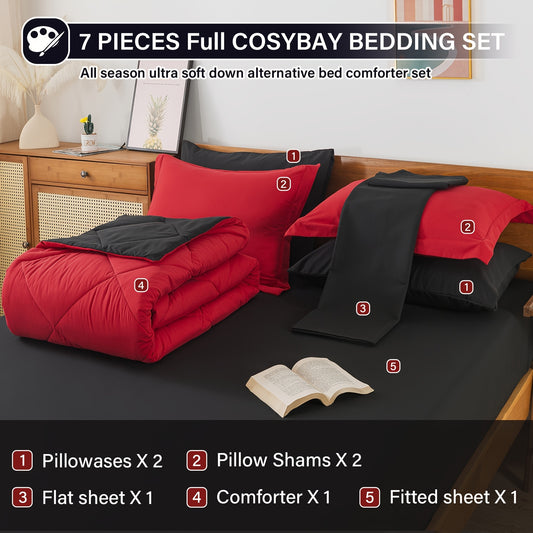 Cosybay Red and Black 7pcs All Season Down Alternative Bedding Sets with Comforter, Pillow Shams, Flat Sheet, Fitted Sheet and Pillowcase Good Vibrations