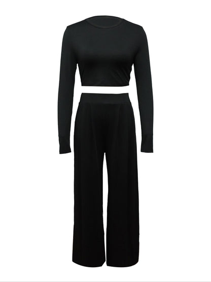 Two-piece Long Sleeve & Long Length Solid Casual Crew Neck Outfits, Women's Clothing Set Good Vibrations