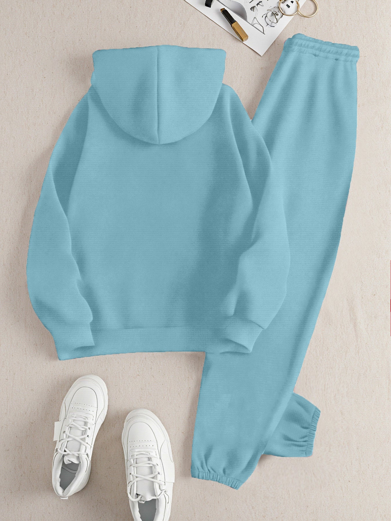 2025 Autumn Winter New Arrival, Sweet Cool Long Neck Deer Pattern Suit, Casual Letter Print Loose Warm Long Sleeve Hooded Sweatshirt with Elastic Drawstring Waist Pants Two-Piece Set, Women Two-piece Set Large Size Striped Ch Good Vibrations