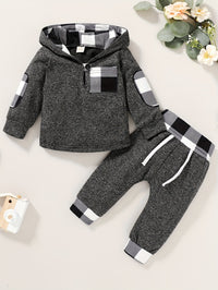 2pcs Baby's Plaid Pattern Splicing Hoodie & Casual Pants, Toddler & Infant Boy's Clothing Set For Spring Fall Good Vibrations