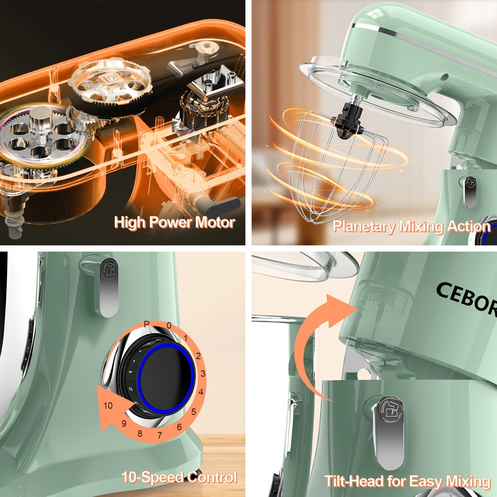 3-IN-1 660W Electric Stand Mixer, 10-Speed with Pulse Button, Attachments Include 6QT Bowl, Dough Hook, Beater, Whisk for Most Home Cooks, Dishwasher-safe, Gifts for Family And Friends, Green, Kitchen Mixer, Mixer for Baking Good Vibrations