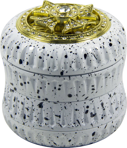 4-Layer Aluminum Herb Grinder with Built-in Fidget Spinner Top, Unique Star-Shaped Spinner Design with Embedded Rhinestones, Textured Body with Colorful Speckled Pattern for Enhanced Grip, Durable Construction and Smooth Grin Good Vibrations Adult Super Store