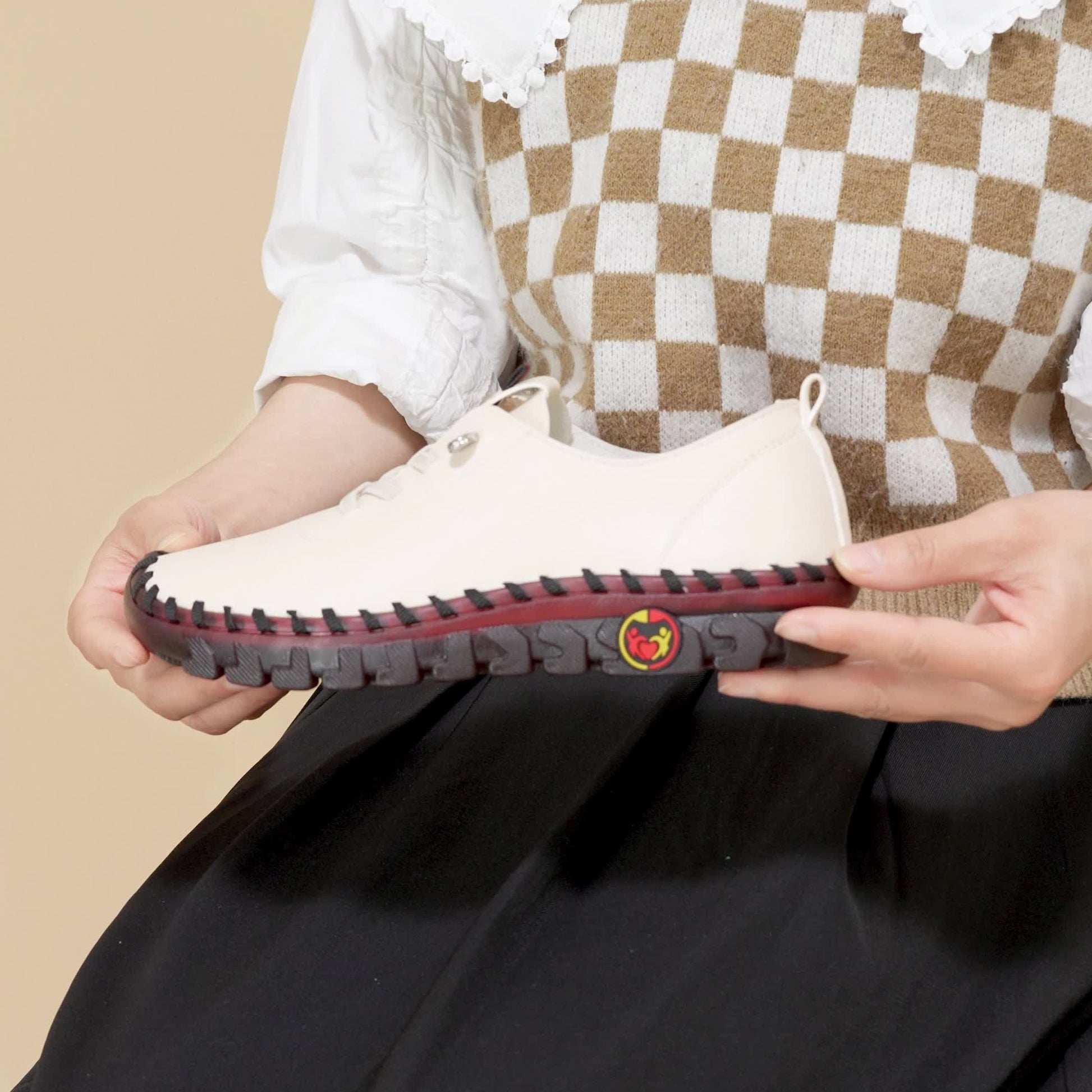 Women's Beige & Burgundy Round-Toe Casual Shoes - All-Season Synthetic Cover-like Upper with Cushioned PVC Sole, Round-Toe Walking Shoes for Square Dance, Dance Practice, Daily Wear - Comfortable Dress Footwear (Hand Washable Good Vibrations