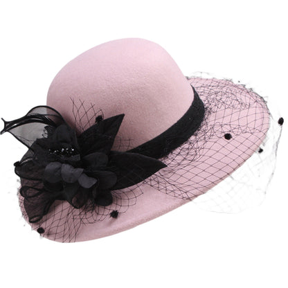 Women's Wide Brim Fedora Hat with Black Lace Veil & Floral Decor - Non- Derby Cap for Church, Bridal Tea Party, Formal Events Good Vibrations