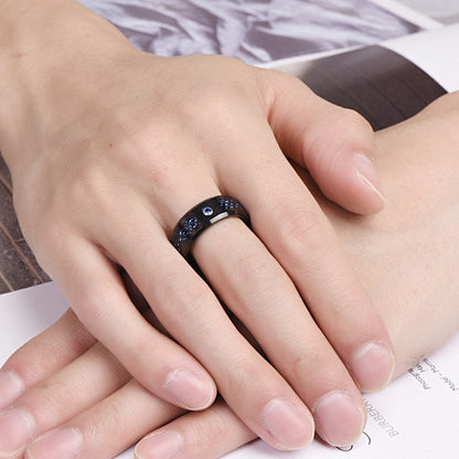 8Mm Wide Inlaid Black Dragon Pattern Blue Carbon Fiber Men'S Tungsten Ring USA Size 7-14, Without Battery Good Vibrations
