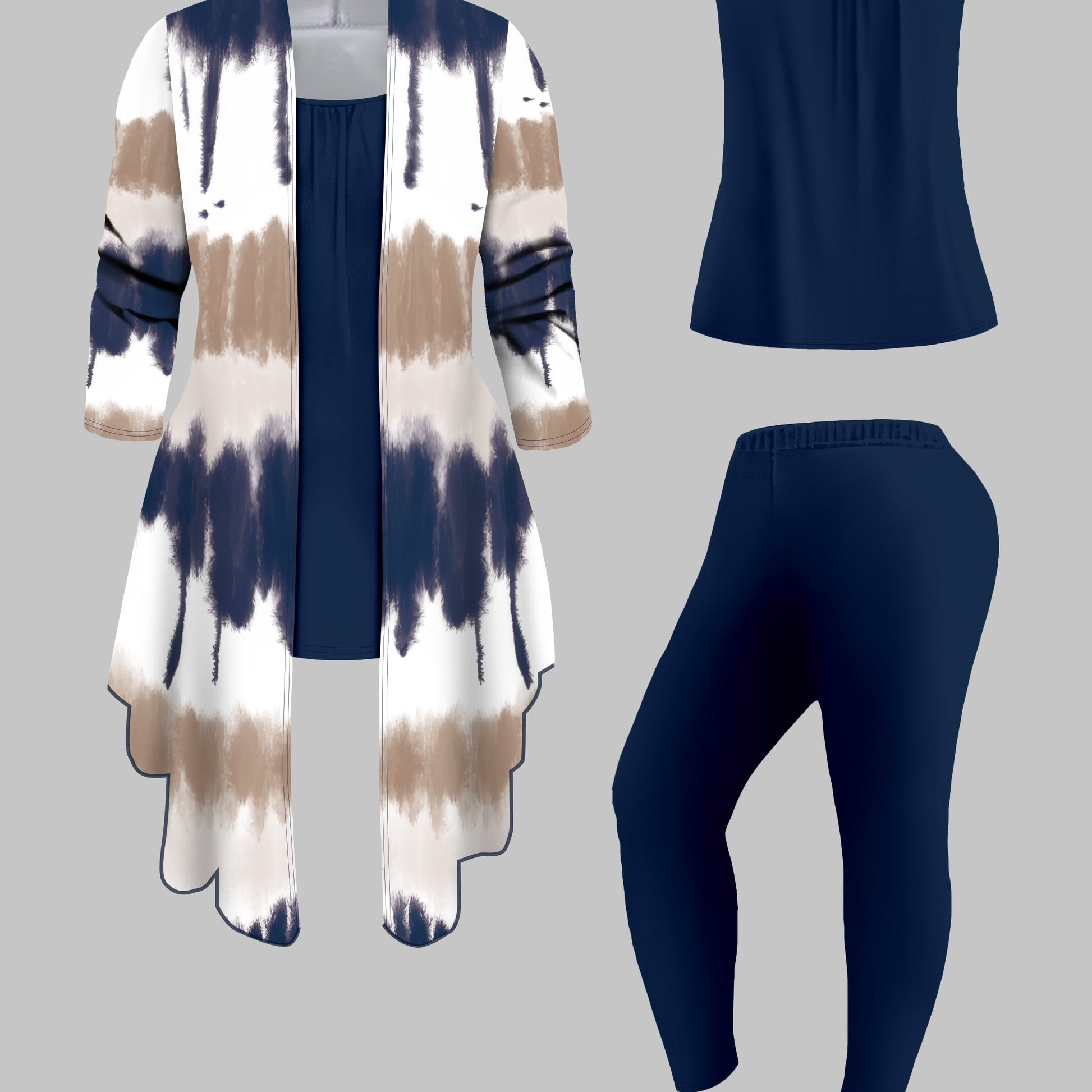 Three-Piece Plus Size Tie Dye Open Front Top & Solid Color Cami Top & Elastic Waist Pants Outfits, Women's Casual Clothing Set Good Vibrations