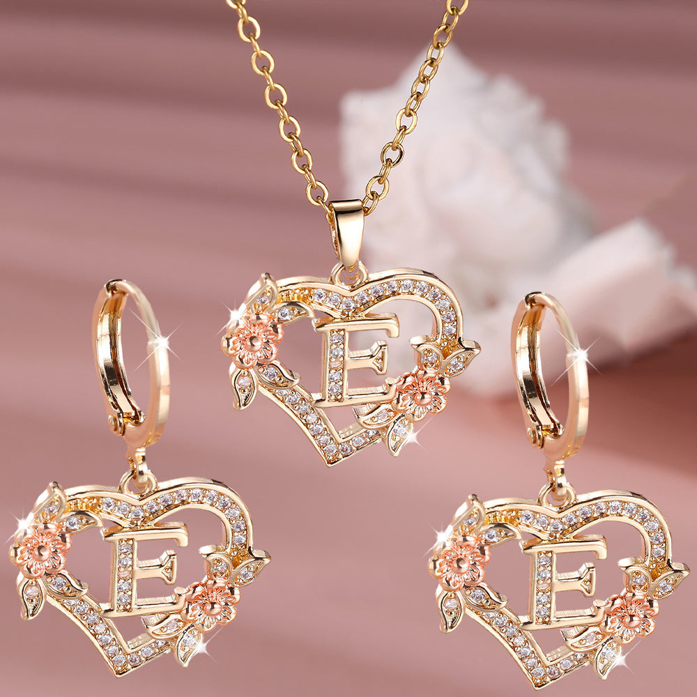 3pcs Women's Jewelry Set - Heart-Shaped Interlocking Link Necklace & Earrings with 26-Letter Monogram, Elegant Golden-Tone -Accented Letters, Dainty Everyday Gift for Mother's Day, Graduation, Birthdays (Pink & Clear Good Vibrations