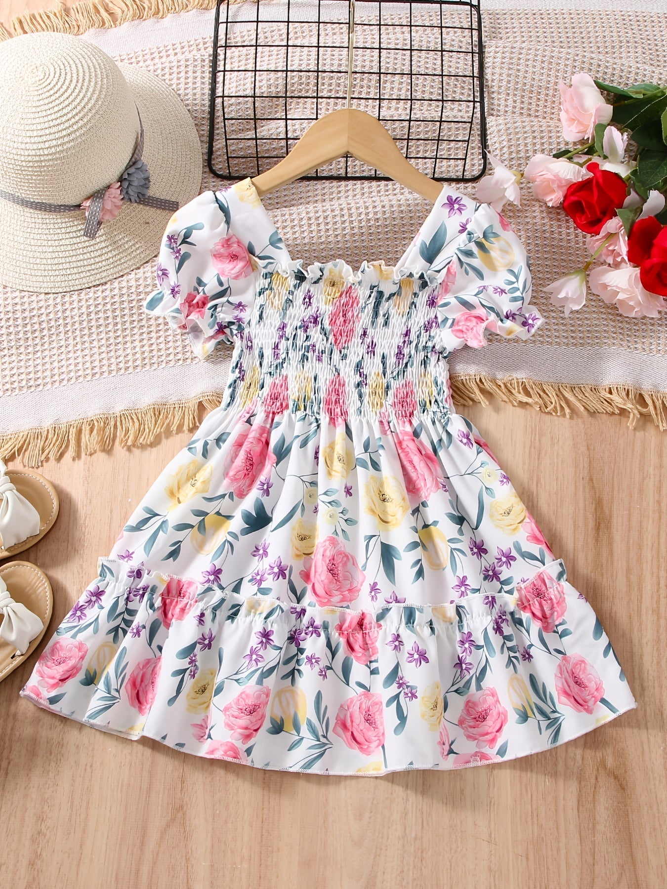[Floral Party Dress] Floral Puff Sleeve Girls Party Dress | Shirred Ruffled Hem Kids Summer Clothes Good Vibrations