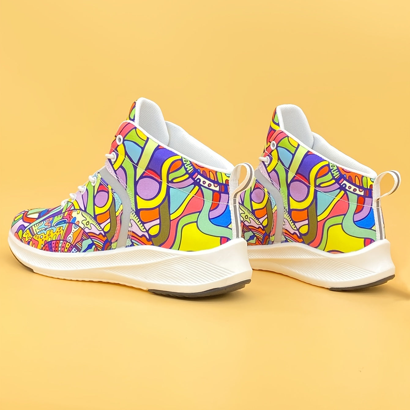 [Reflective Sneakers] Lightweight, Reflective Women's Hand-Painted Cartoon Print High-Top Sneakers | Lace-Up Casual Shoes with Soft Fabric Upper & EVA/Rubber Sole for North American & Mexican Fashion - Winter-Ready Good Vibrations