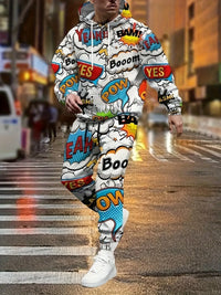 [Two-Piece Comic Print Hoodie Set] Men'S Casual Hoodie and Pants Set, 100% Polyester Knit Fabric, Full Coverage Comic Style Print, Casual Fit, Spring/Fall Warmth Two-Piece Set Good Vibrations