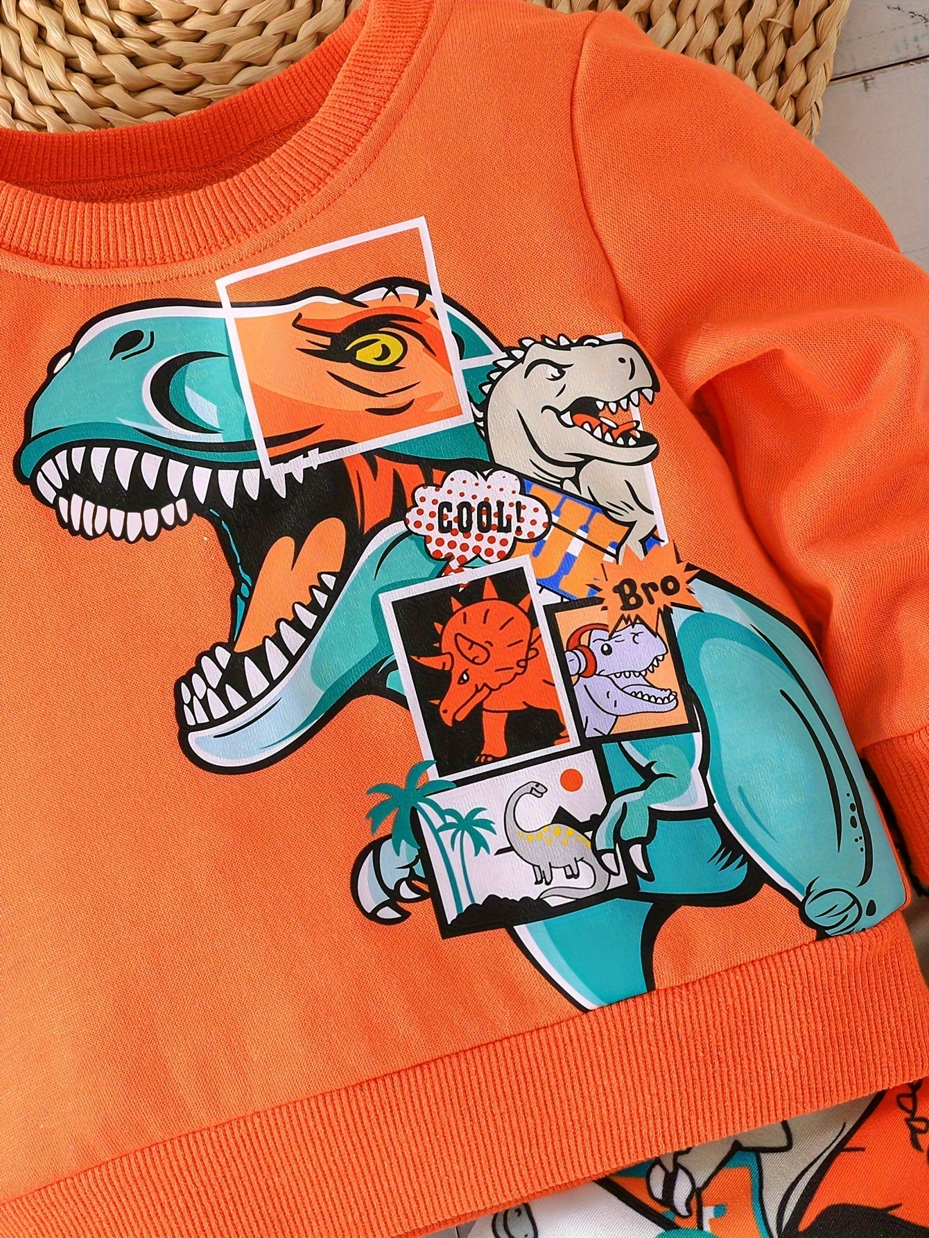 2pcs Baby's Cartoon Dinosaur Comics Print Sweatshirt & Casual Pants, Toddler & Infant Boy's Clothing Set, Outdoor Cloth Good Vibrations