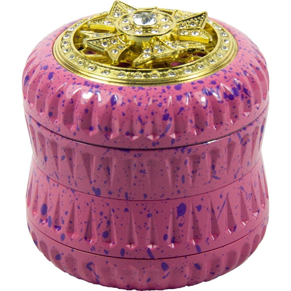 4-Layer Aluminum Herb Grinder with Built-in Fidget Spinner Top, Unique Star-Shaped Spinner Design with Embedded Rhinestones, Textured Body with Colorful Speckled Pattern for Enhanced Grip, Durable Construction and Smooth Grin Good Vibrations Adult Super Store