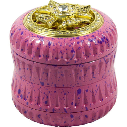 4-Layer Aluminum Herb Grinder with Built-in Fidget Spinner Top, Unique Star-Shaped Spinner Design with Embedded Rhinestones, Textured Body with Colorful Speckled Pattern for Enhanced Grip, Durable Construction and Smooth Grin Good Vibrations Adult Super Store