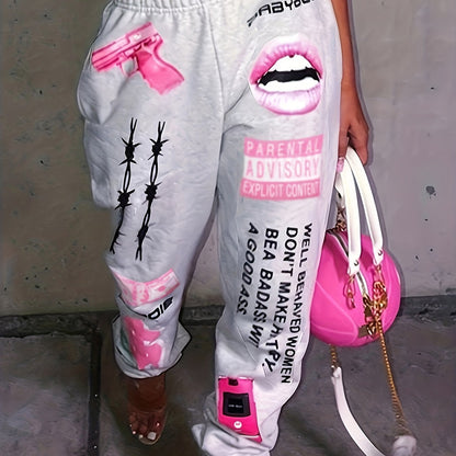 Women's Print Fashion Elastic Waist Sports Casual Sweater Oversize Pants Bottom TB5553 Plus Good Vibrations