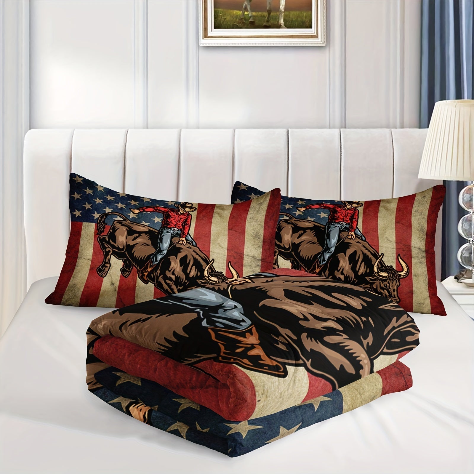 3pcs American Flag Comforter Set, Cowboy Riding Bull Bedding Set, American Flag Bedding Racing Bull, Western Cowboys Cowgirls Quilt Set with 1 Comforter 2 Pillowcases for Women Men Adults Room Decor, Soft Breathable, 100% Pol Good Vibrations