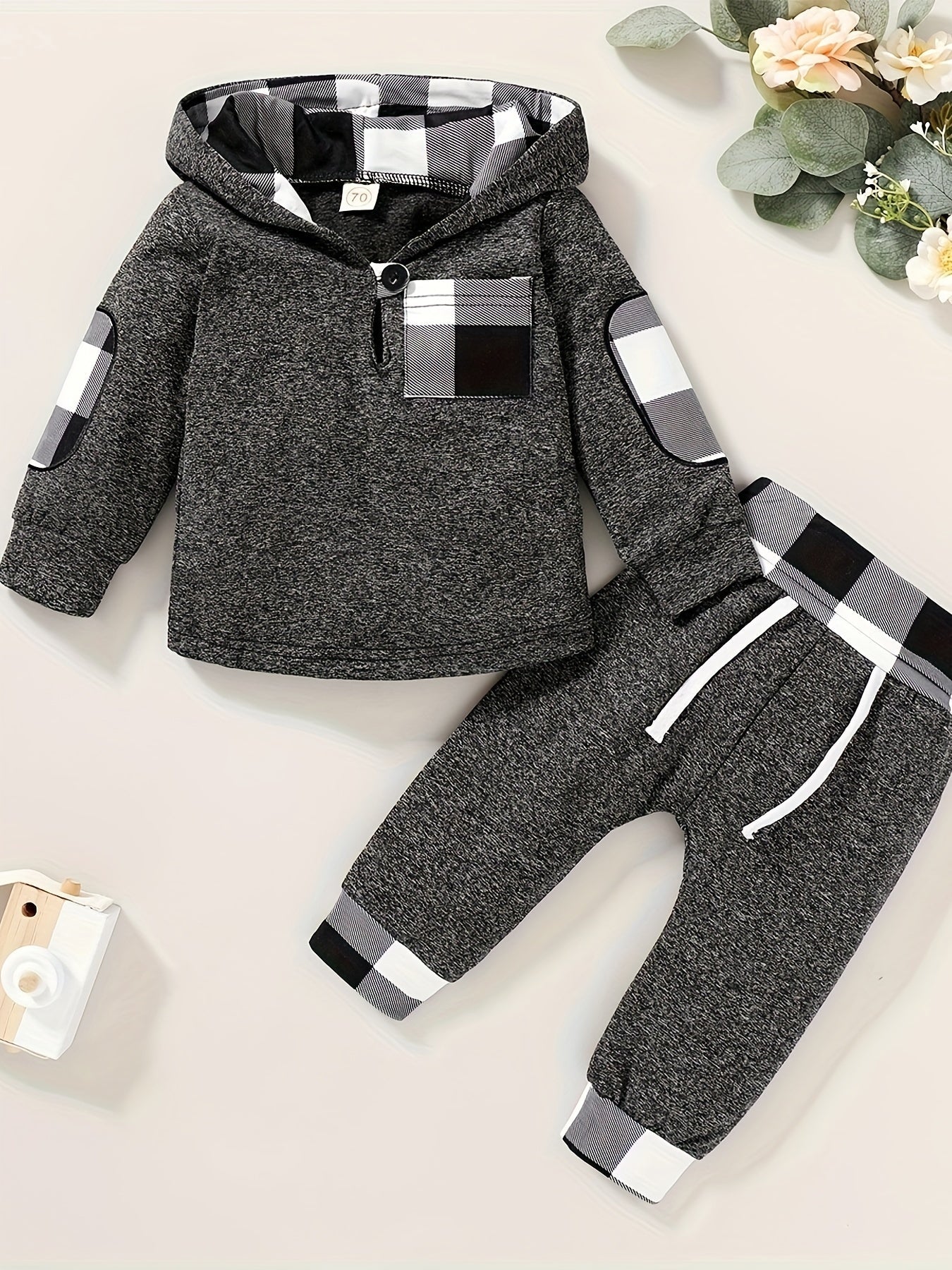 2pcs Baby's Plaid Pattern Splicing Hoodie & Casual Pants, Toddler & Infant Boy's Clothing Set For Spring Fall Good Vibrations