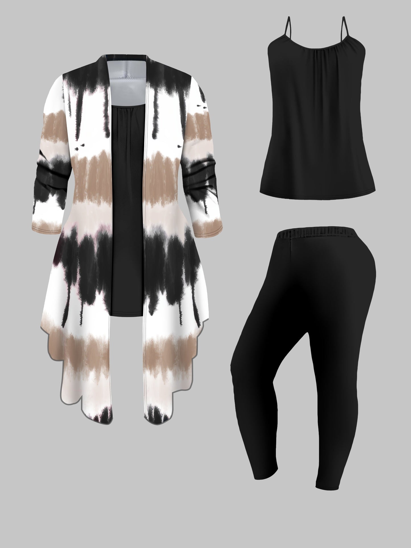 Three-Piece Plus Size Tie Dye Open Front Top & Solid Color Cami Top & Elastic Waist Pants Outfits, Women's Casual Clothing Set Good Vibrations