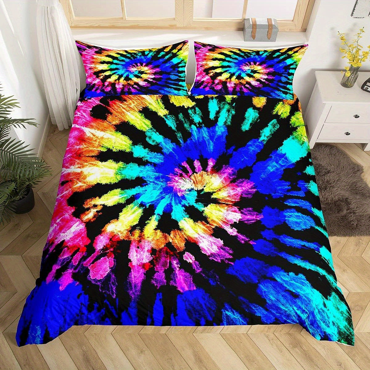 Erosebridal 3pcs Tie Dye Comforter Cover Set, Hippie Spiral Bedding Set Ethnic Boho Duvet Cover, Multi-color Swirl Tie Dyed Pattern Bed Set, Soft Bohemian Hippie Bedding Decor Fashion Quilt Cover for Bedroom (No Core) Good Vibrations