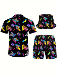 Men's 3pcs retro Outfit beach set, 80s 90s sportswear, Hawaiian sportswear set, shirt beach shorts and fisherman hat Bucket Hat Good Vibrations