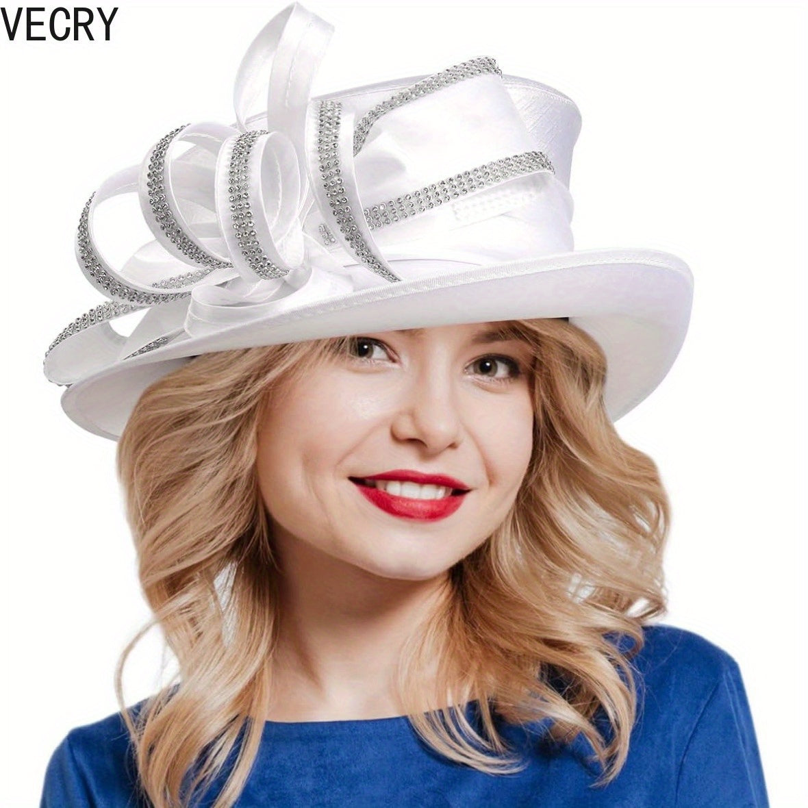 [Crystal Derby Hat] VECRY Wide Brim Crystal Derby Dress Hat - Ladies Church Tea Party Wedding Hats Good Vibrations