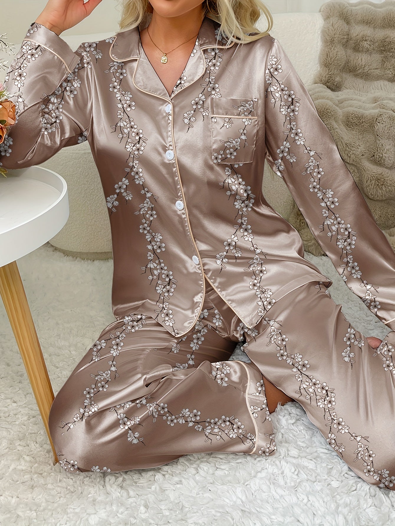 Plant printed long sleeved women's satin pajamas, pants, pajamas, home clothing set Good Vibrations