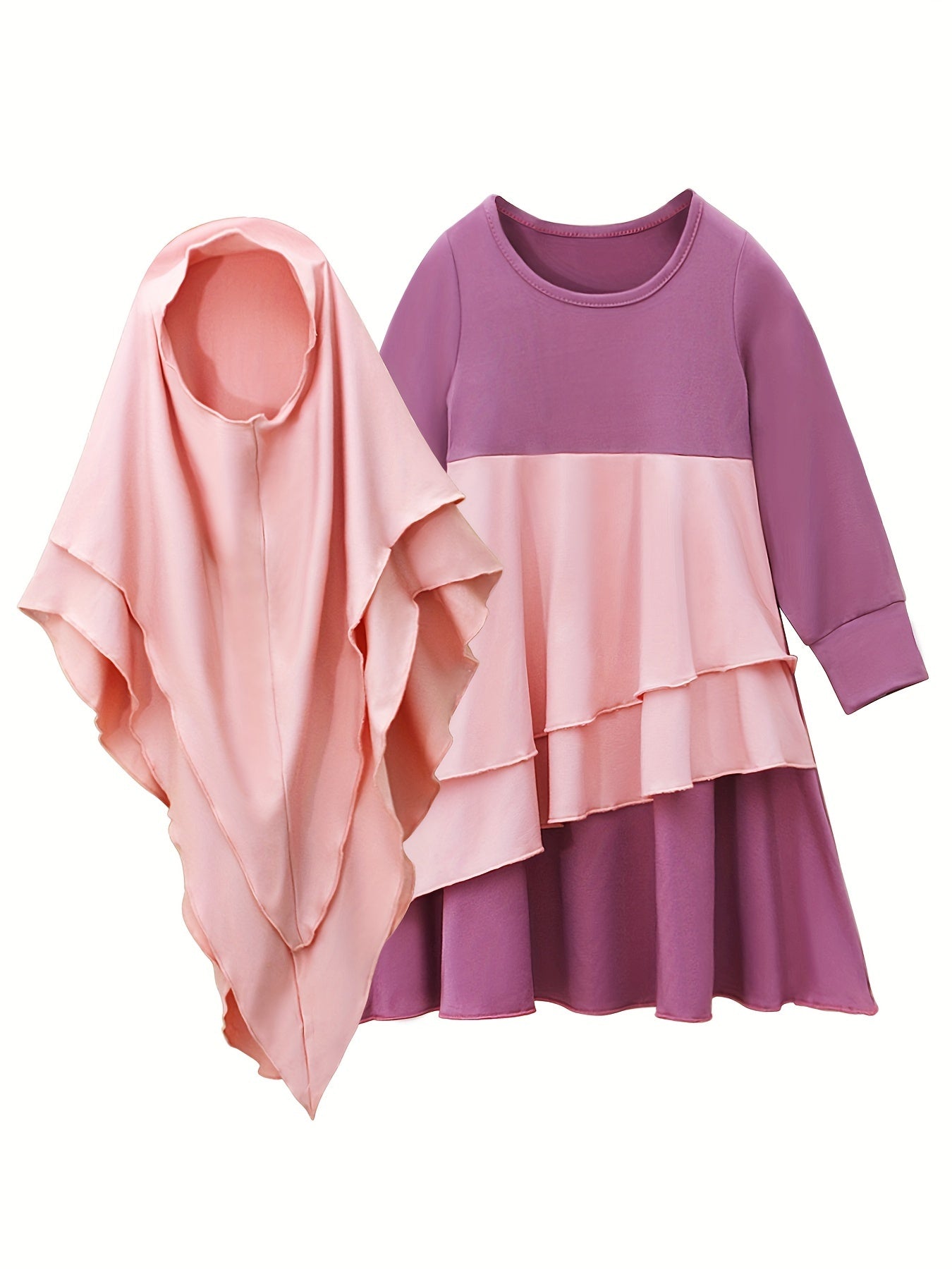 Girl's Spring And Autumn Style Traditional Ethnic Clothing Set, Long-sleeved Asymmetric Ruffle Dress + Headscarf 2Pcs Set Good Vibrations