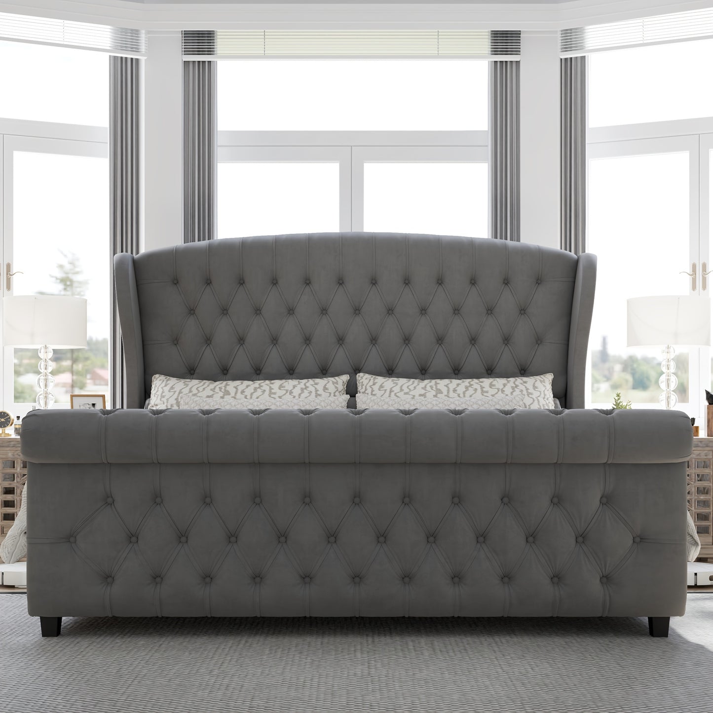 Platform Bed Frame, Chenille Upholstered Sleigh Bed with Scroll Wingback Headboard & Footboard/Button Tufted/No Box Spring Required/ Good Vibrations