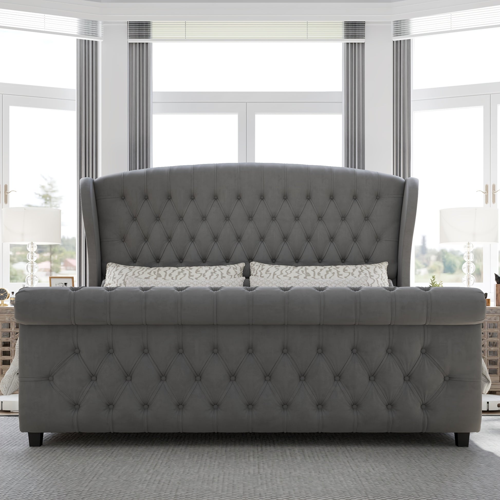 Platform Bed Frame, Chenille Upholstered Sleigh Bed with Scroll Wingback Headboard & Footboard/Button Tufted/No Box Spring Required/ Good Vibrations