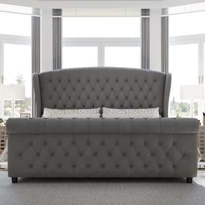 Platform Bed Frame, Chenille Upholstered Sleigh Bed with Scroll Wingback Headboard & Footboard/Button Tufted/No Box Spring Required/ Good Vibrations