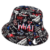 1 Men's "What" Graffiti-Style Bucket Hat - Streetwear Polyester, Hand-Washable, Black with Colorful Typography & Graphics, Perfect for Trendy Outfits Good Vibrations
