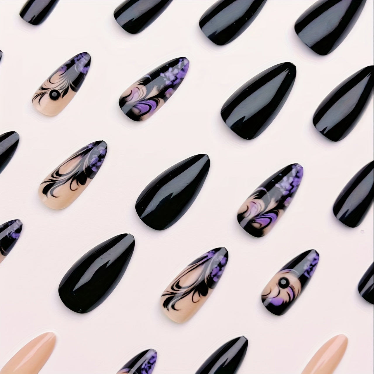 24-Piece Set Almond Shaped Nail Tips with Striped and Aura Patterns, Glossy Finish, Medium Length - Elegant Black and Purple Tones Good Vibrations