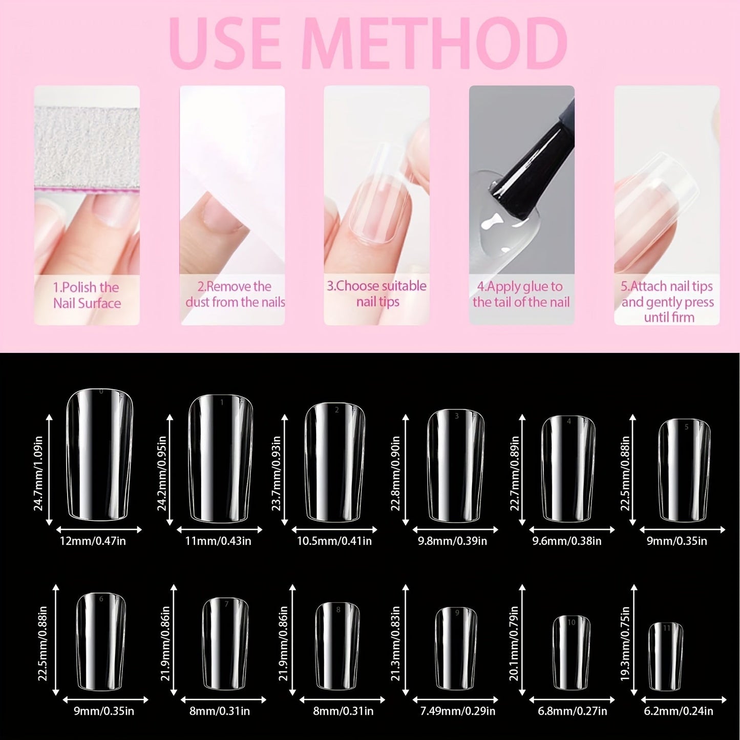 500 Medium Square Full Clear False Nail Patch - Pre-formed semi-matte full cover acrylic gel kit False nail tips pressed on nails for nail extension DIY salon Good Vibrations