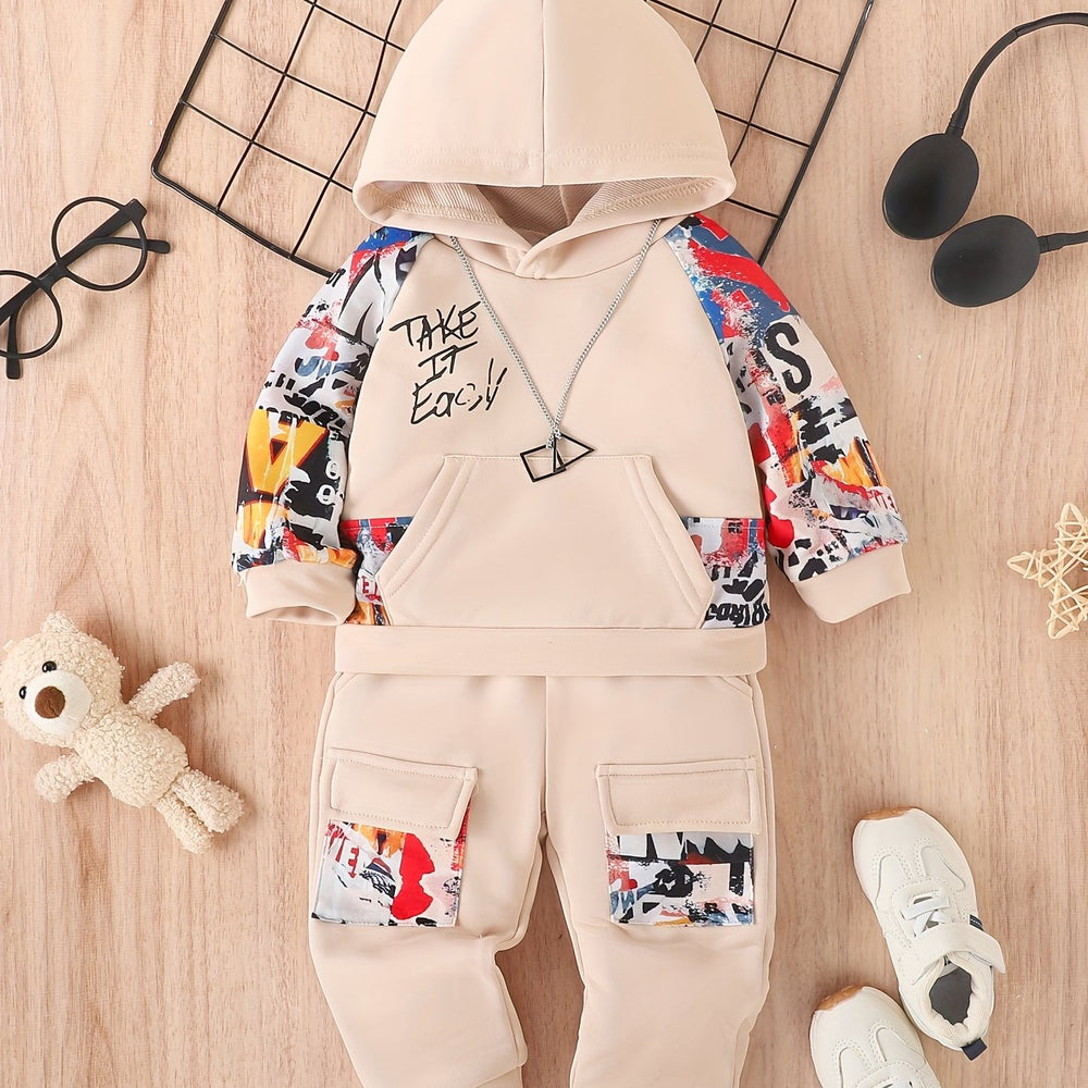 2pcs Toddler & Infant Boy's Colorful Graffiti Pattern Hoodie & Casual Cargo Pants Clothing Set for Outdoor Good Vibrations