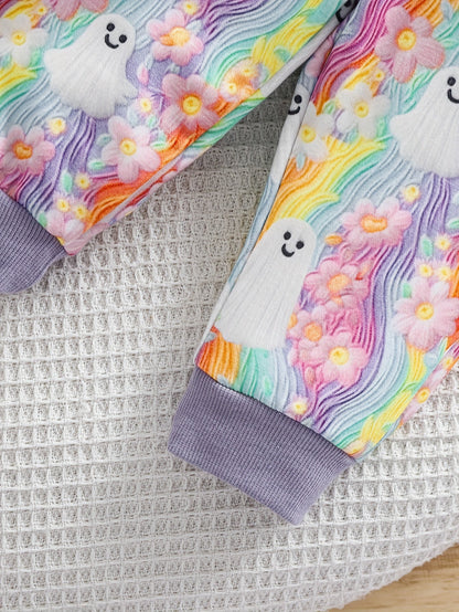 2pcs Baby's Halloween Style Ghost Pattern Rainbow Color Sweatshirt + Casual Pants, Toddler & Infant Girl's Clothing Set Good Vibrations