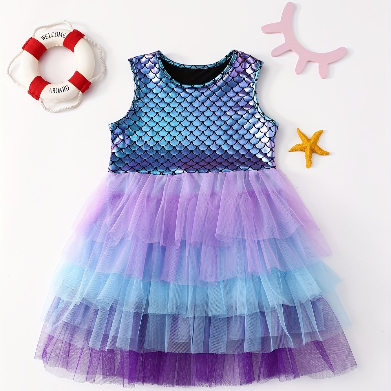 Mermaid Gradient Dress Girls' Casual Summer Short Sleeve Party Puff Skirt Versatile Dress Good Vibrations