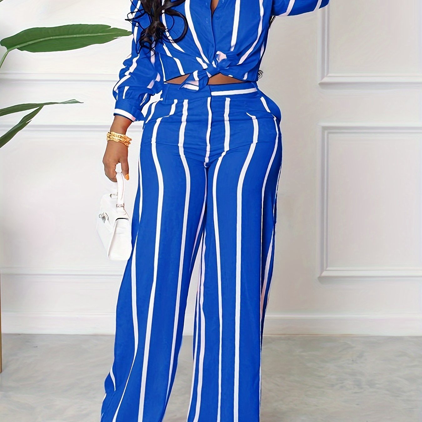 [Two-piece Set Long Sleeve Shirt] Striped Print Two-piece Set, Button Front Collar Long Sleeve Shirt & High Waist Wide Leg Loose Pants Set, Women's Clothing Good Vibrations