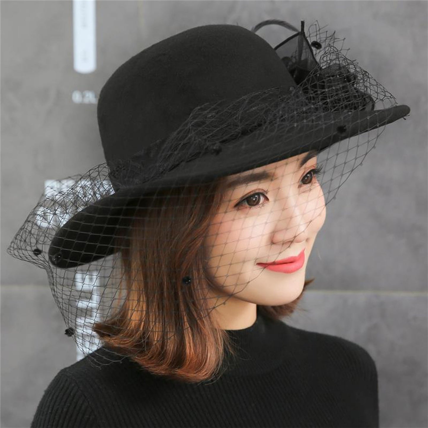 Women's Wide Brim Fedora Hat with Black Lace Veil & Floral Decor - Non- Derby Cap for Church, Bridal Tea Party, Formal Events Good Vibrations
