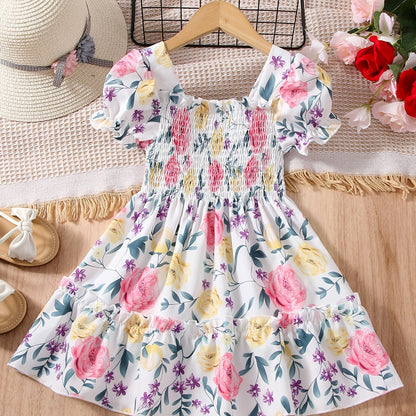 [Floral Party Dress] Floral Puff Sleeve Girls Party Dress | Shirred Ruffled Hem Kids Summer Clothes Good Vibrations